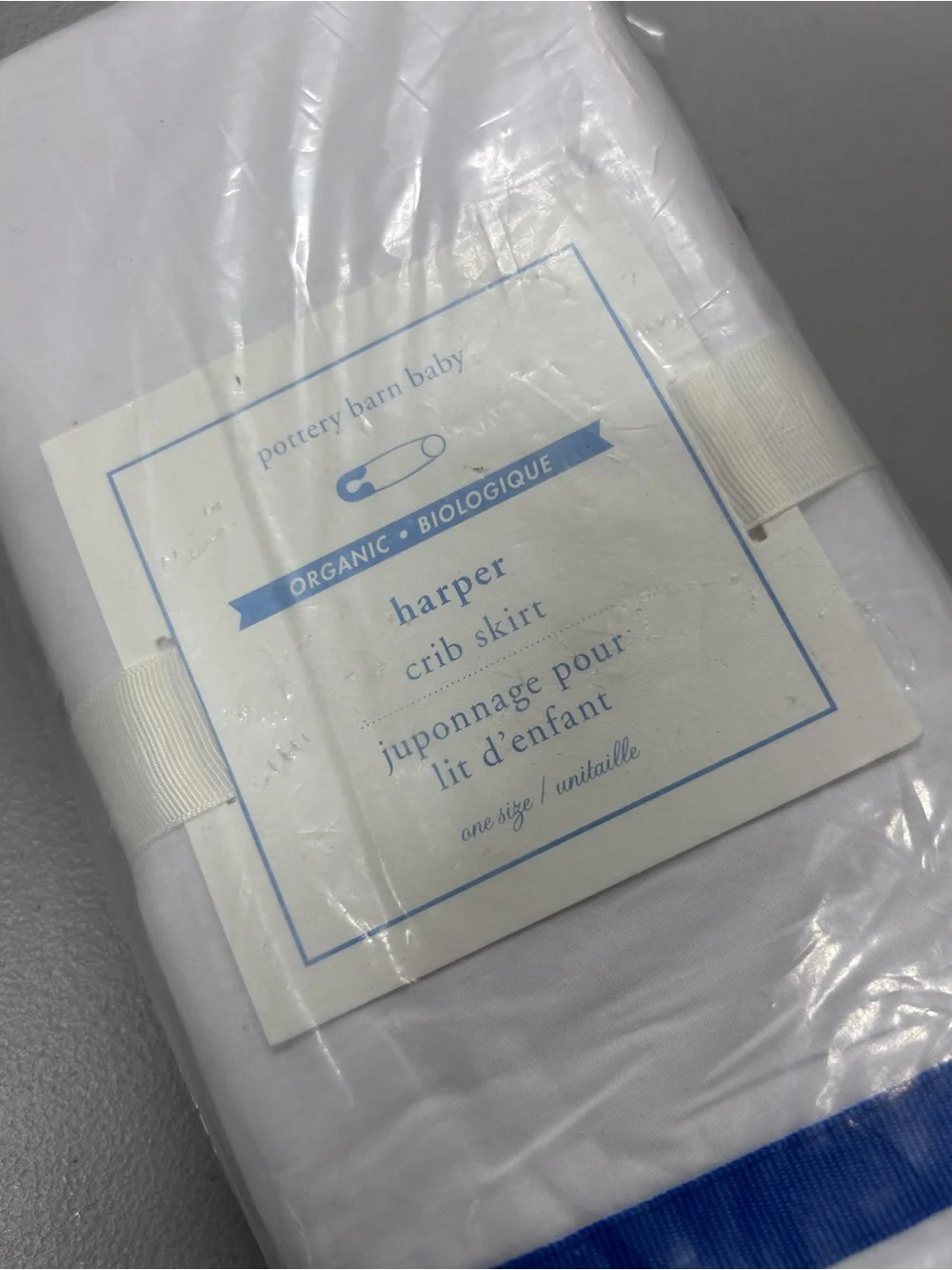 Pottery Barn Harper Baby Crib Skirt White w/ Blue Trim 100% Organic Cotton NWT